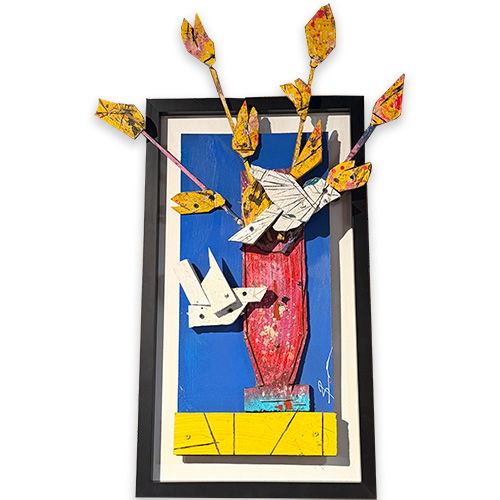 Michael Banks 26x37 Framed "Blooms and Birds" Mixed  Media Abstract WP6318